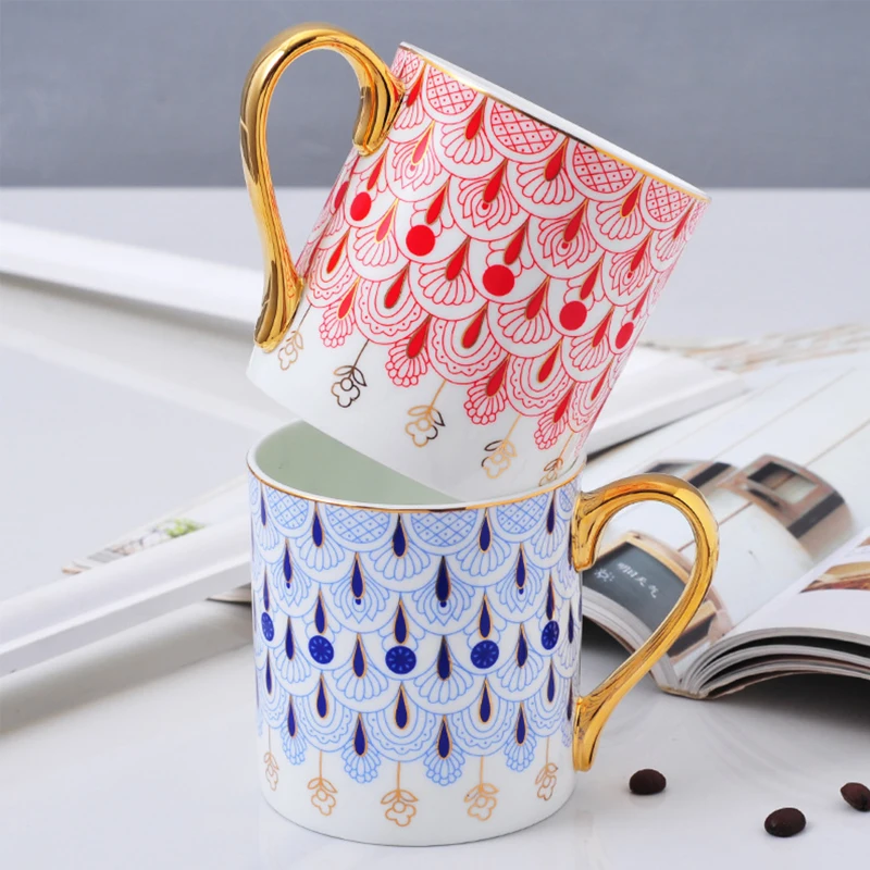 Wholesale 400ml Luxury High Temperature Red Blue Ceramic Coffee Mug With Gold Rim