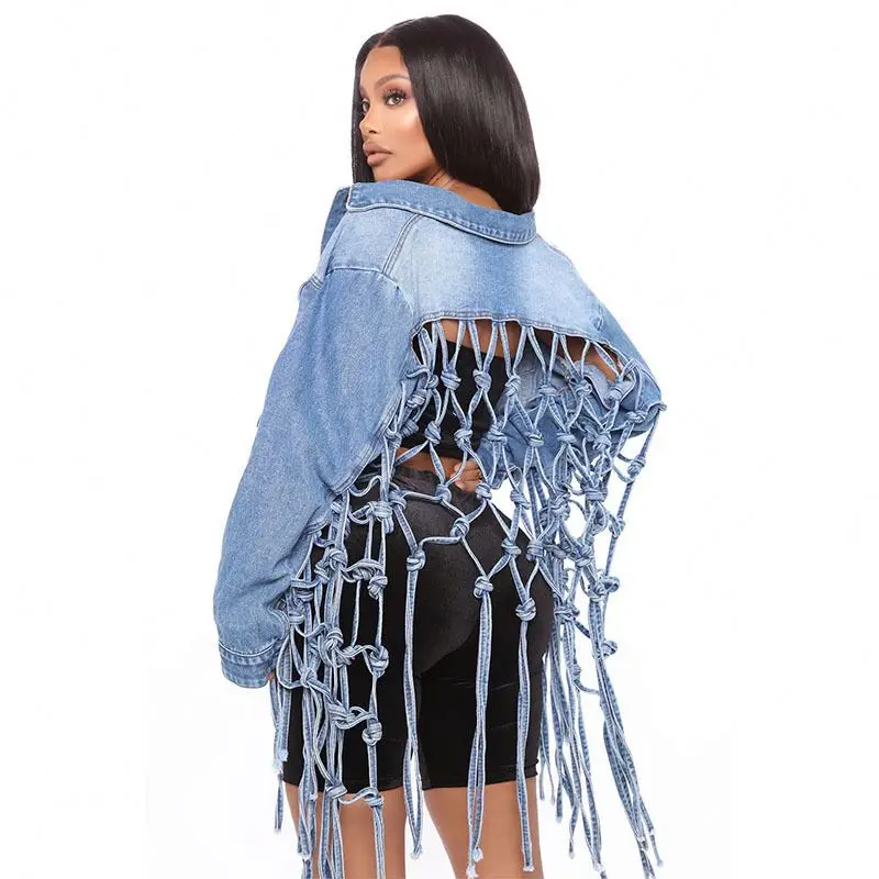 Fashion Grid Fringed Blue Denim Short Coat Plus Size Jean Jacket For Women
