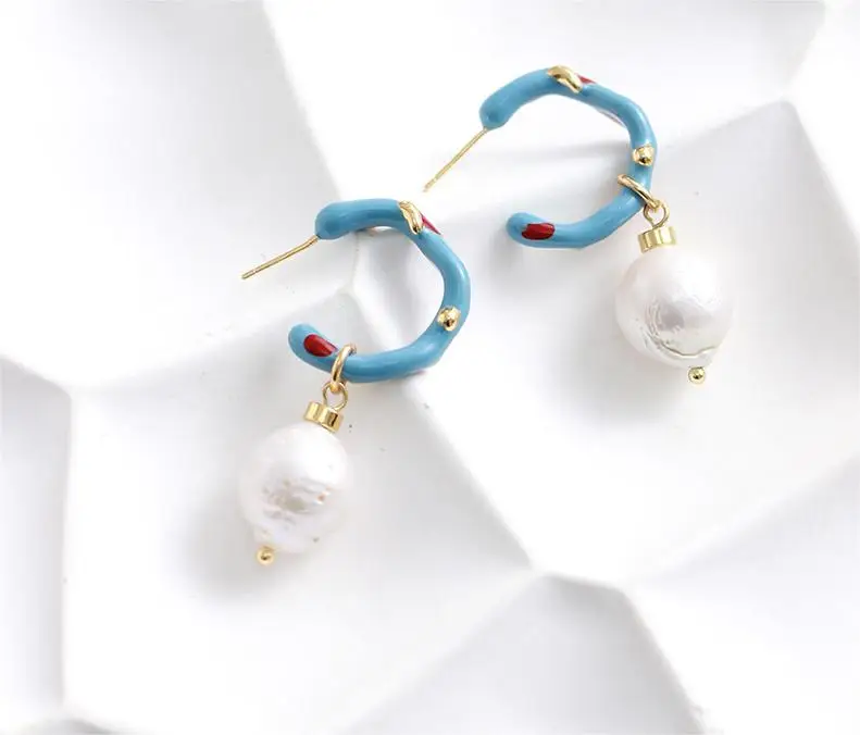 New Premium French Contrast 925 Sterling Silver 18K Gold Plated Coral Enamel Natural Pearl Drop Earrings
