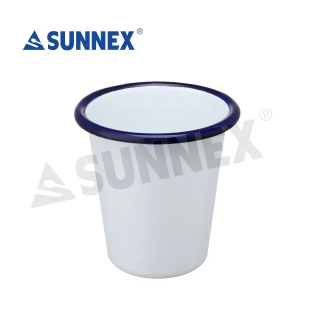 Sunnex Low MOQ Customized Coffee Cup Blue Rim 10oz White Enamel Plate Mug