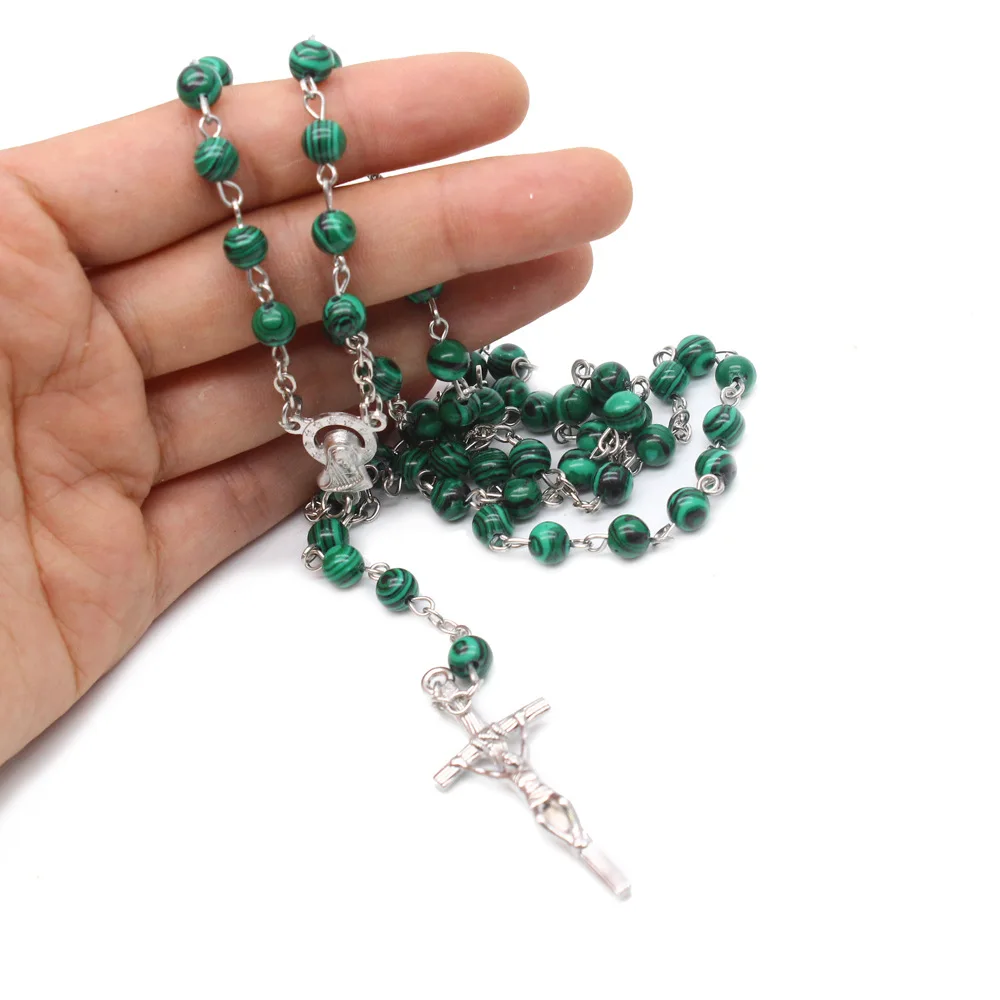 Malachite Natural Stone Catholic Rosary Necklace High end Cross Statue Christ Religious Supplies