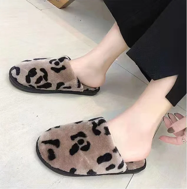 Popular Women Home Fur Slipper Leopard Pattern Autumn Winter Indoor Fluffy Sandals Non-skid Slides Plush slippers