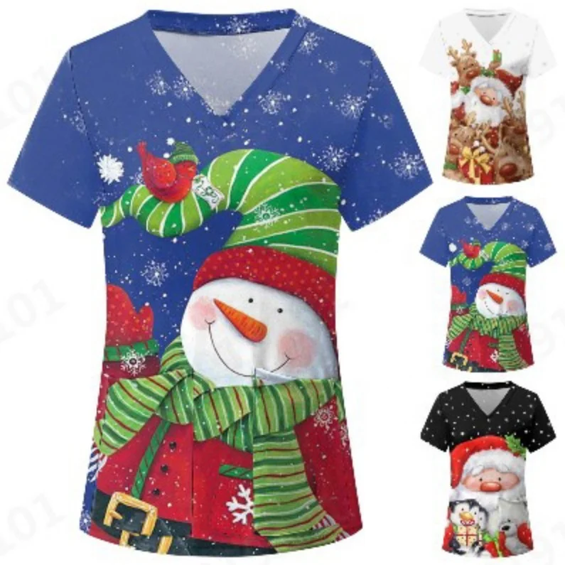 Hospital Uniform Medical Nurse Workwear Female Stretch Scrubs Top Printed Solid Christmas Scrubs