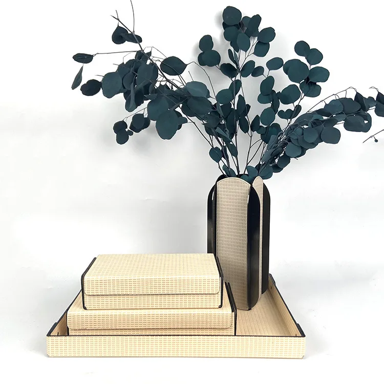 Modern Light Luxury Metallic Leather Creative Woven Pattern Tray Storage Box Model Room Bedroom Living Room Desktop Tissue Box