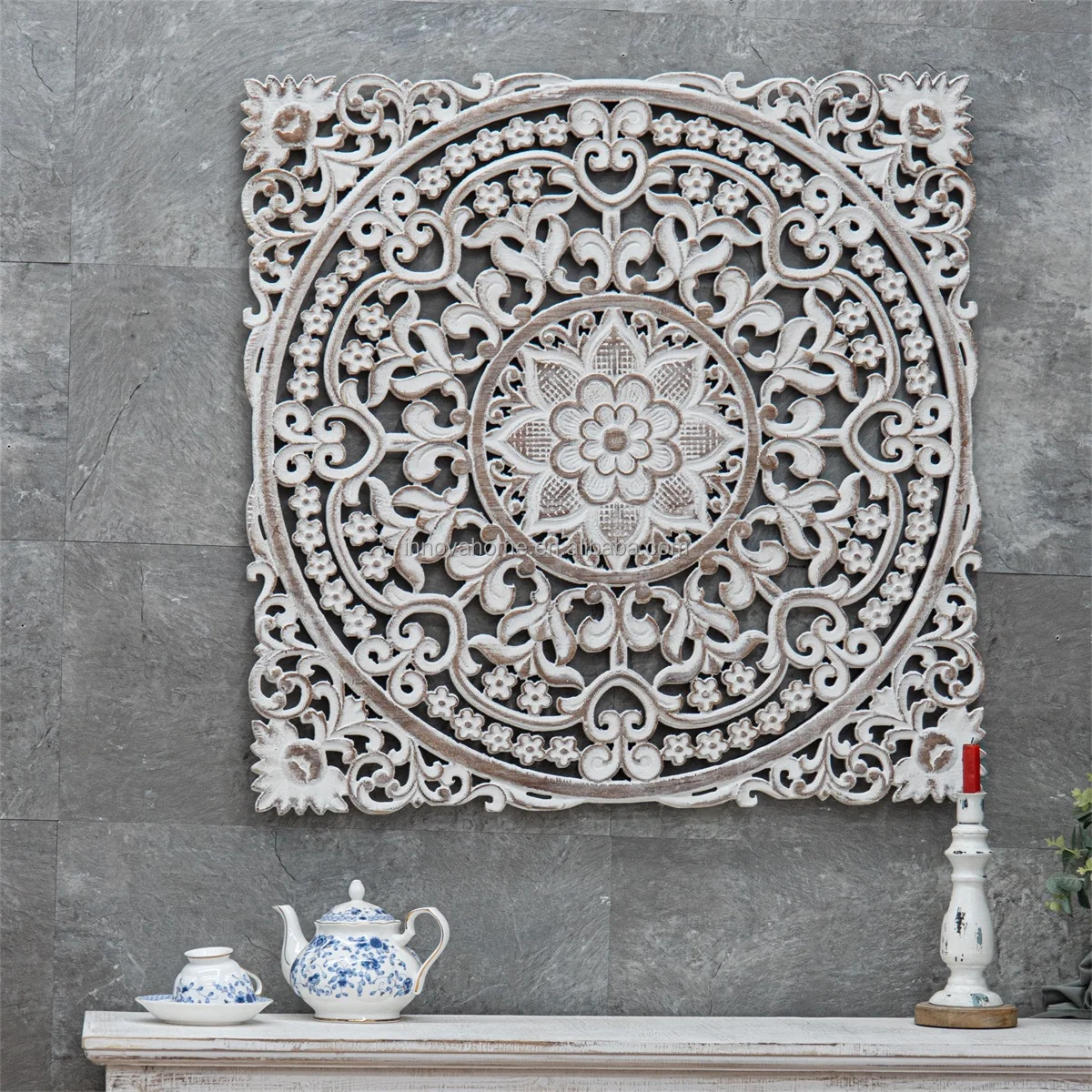 Home Wall Decoration Hanging Square Floral-Patterned MDF Carved Grid Wall Panel 3d in Grey Distressed for Bedroom