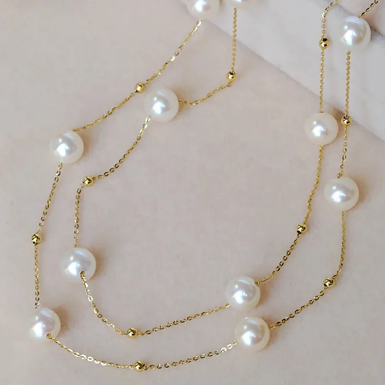 vintage layered solid 18k gold freshwater pearl 86cm long pearl sweater chain necklace beaded multilayer necklace