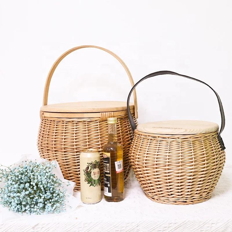high quality white rattan beach wood top collapsible custom classic weave handle people round picnic basket with leather strap