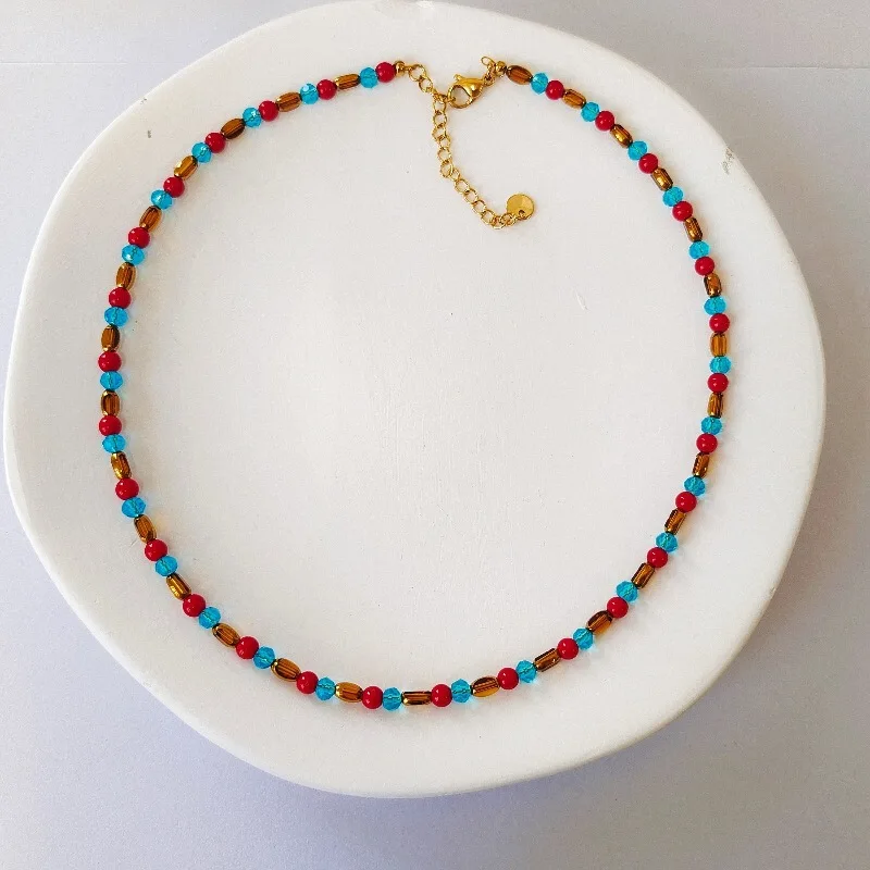 Woying Statement Jewelry Women Luxury 18K Stainless Steel Red Blue Natural Stone Agate Crystal Cut Glass Beaded Choker Necklace