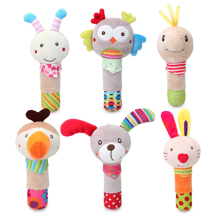 Excellent Quality Different Animal Comfortable and Soft Fabric Exquisite Embroidery and Bb Ring Rattles Handle Toys