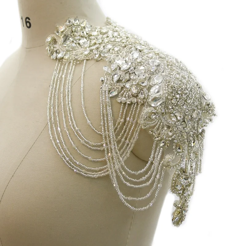 WDP-333 shoulder patch with tassel fringe applique patch bling rhinestone applique for bridal bridesmaid dress