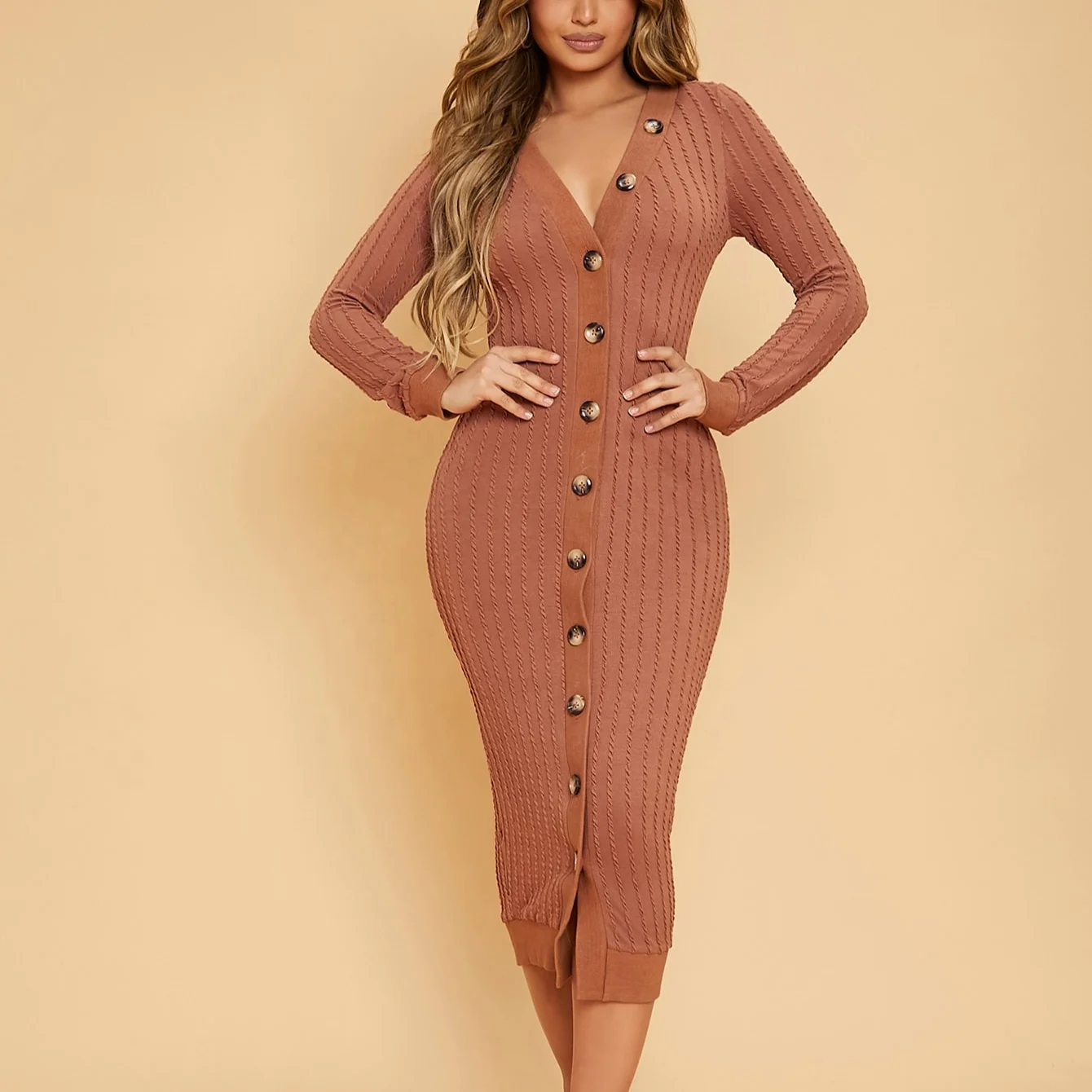 OEM Button Front Cable Knit Bodycon Dress, wholesale roupas femininas clothing,  sexy plus size womens dresses