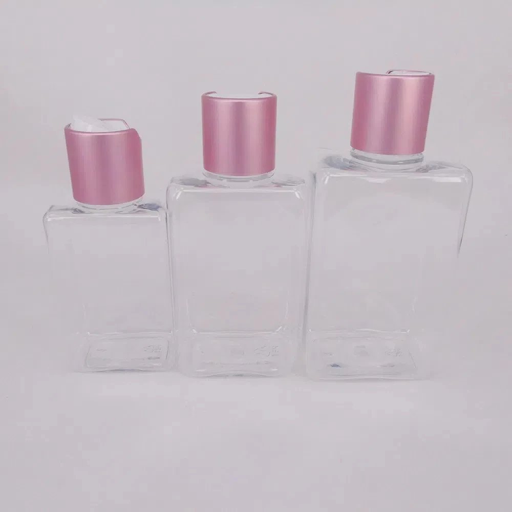Silver Flip Cap Top 100ml 150ml 200ml Square Shape Transparent Plastic Bottles With Rose Gold Pink Disc Cover Aluminum Cap
