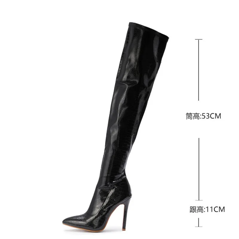 Banquet Botas Sexy Stripper Shoes Women Stone Pattern PU Pointed Toe Thin Legs Stiletto Heels Over The Knee Thigh High Boots