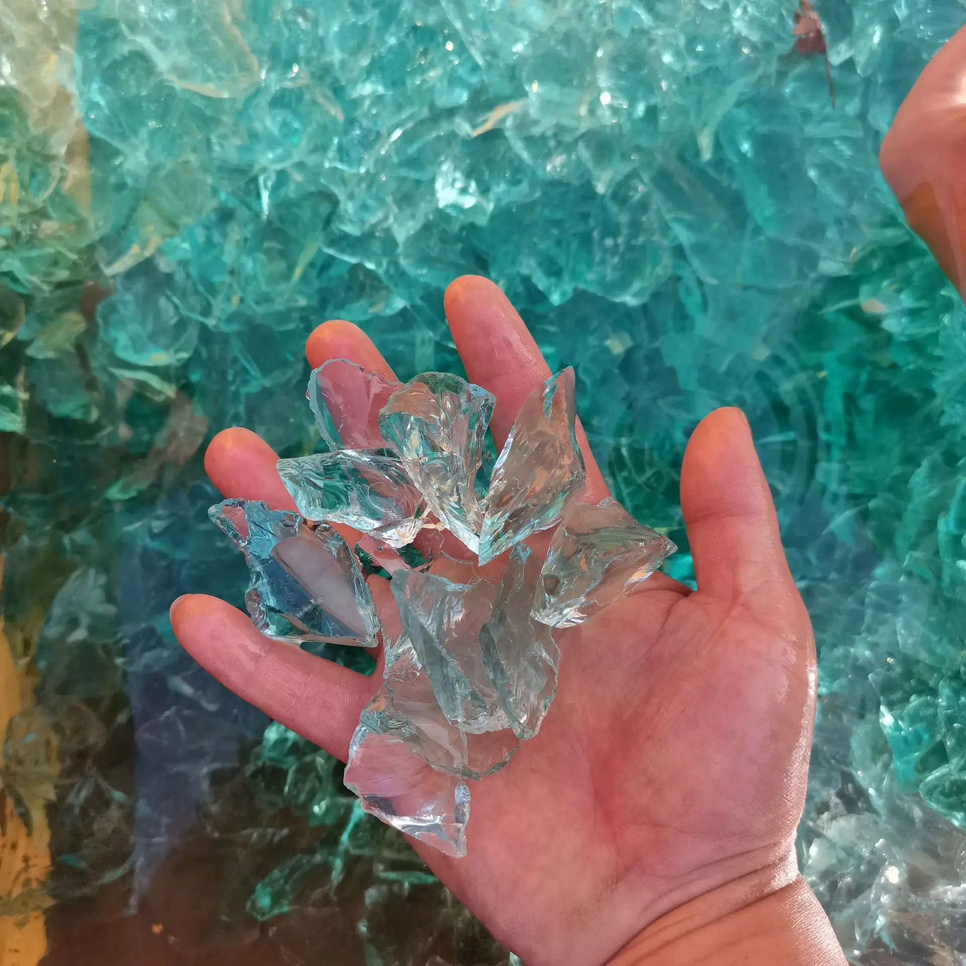 Stained glass block irregular landscape terrazzo aggregate stained glass sand