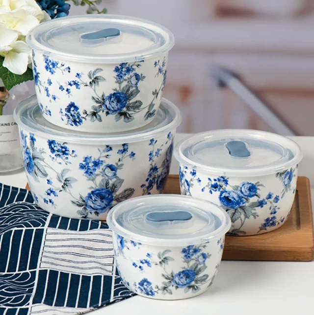hot sale plastic Blue roses ceramic new bone china good leakproofness fresh bowl microwave oven bowl 4pcs preservation bowl set