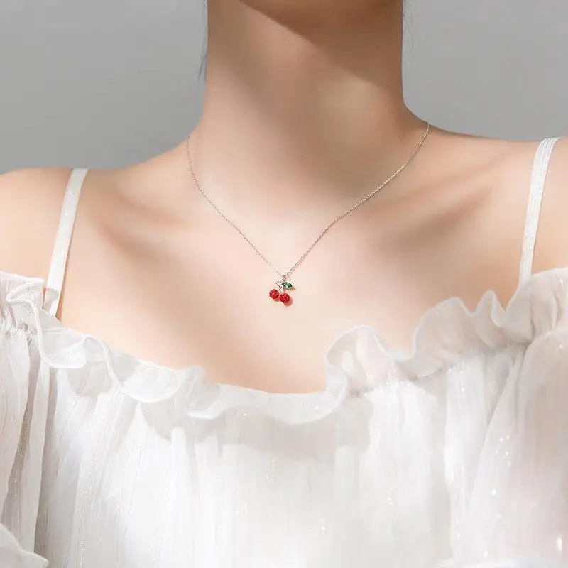 Fashion 925 Pendent Necklaces for Women Red Stone Necklace Cherry Charm