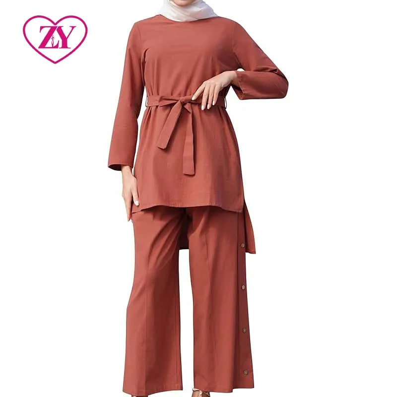 Dubai Style Muslim Wear | Black, Fir Green, Copper Brown, Dusty Blue Long Sleeve Tunic with Belt and Trousers for Islamic Women