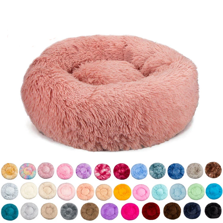 Custom Wholesale Faux Fur Comfortable Washable Fluffy Long Plush Dog Cat Sofa Round Donut Pet Bed with Slip-Resistant Bottom