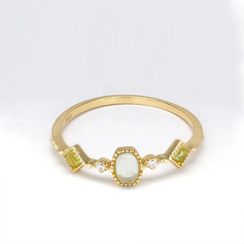 Joacii Jewelry 925 Sterling Silver 14K Gold Plated Gemstone Series 3 Stone Rings Green Peridot Aquamarine Ring