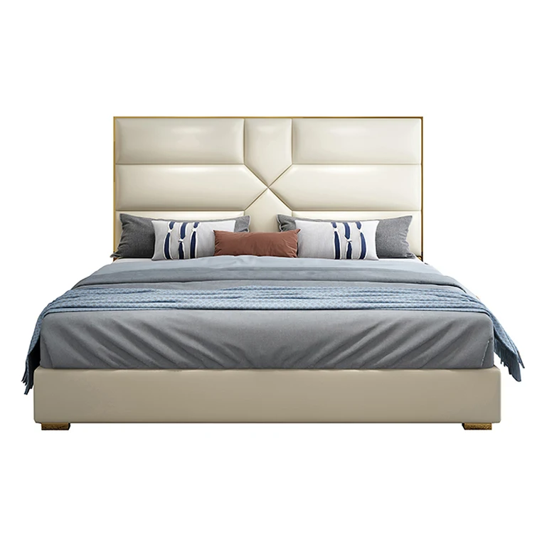 Oem Odm Classic Simple High Quality Design Synthetic Leather Solid Wood  Frame  Imitation Leather Bed With Bedside Table