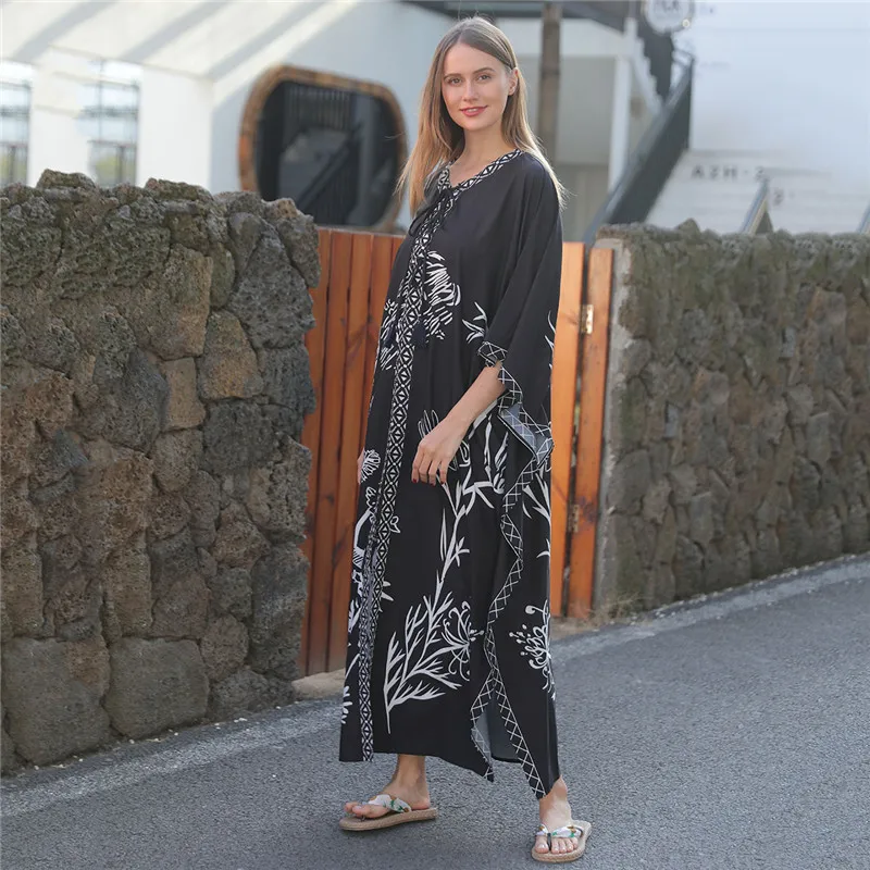 New Arrivals Floral Print Ladies Blouses Summer Women Beach Dress Viscose Black Printed Kimono Scarf