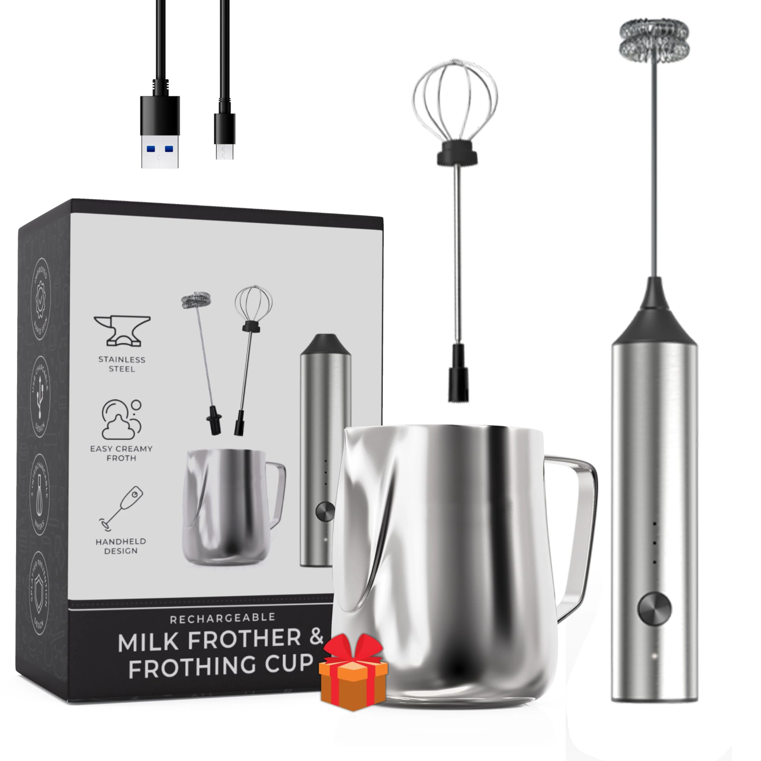 New Design Three Speed Switch Kitchen Mini Electric Egg Mixer USB Rechargeable Coffee Blender Handheld Milk Frother Pitcher Set