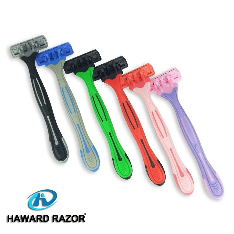 Three Blade Long Rubber Handle Hair Shaving Razor High Quality Disposable Razor With Safety Cover