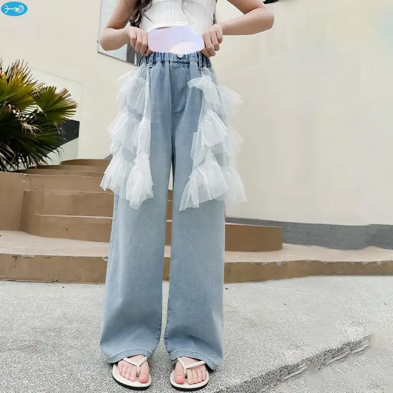 2024 New Fashion Youth Girls Summer Thin Washed Tulle Patchwork Jeans 5-15 Years