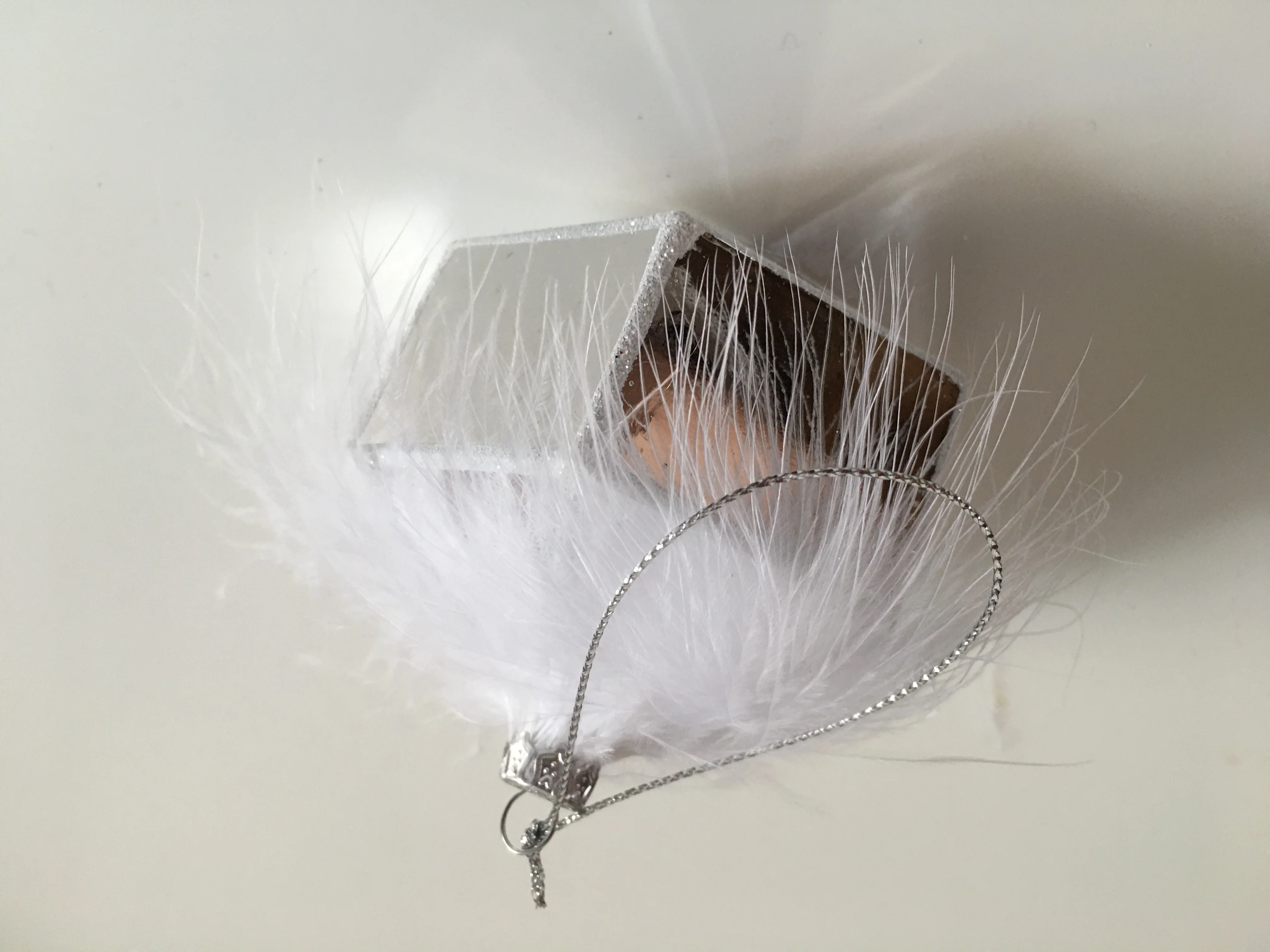 Personalized Glitter Plastic Polygon Silver Christmas Ball With White Feather