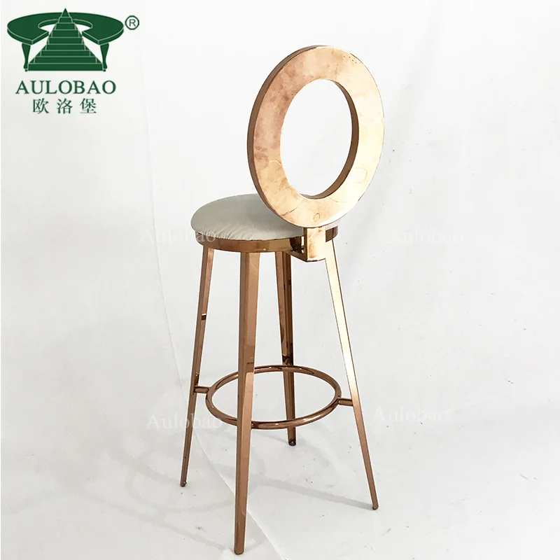 Party rental rose gold stainless steel round high back leather bar stool