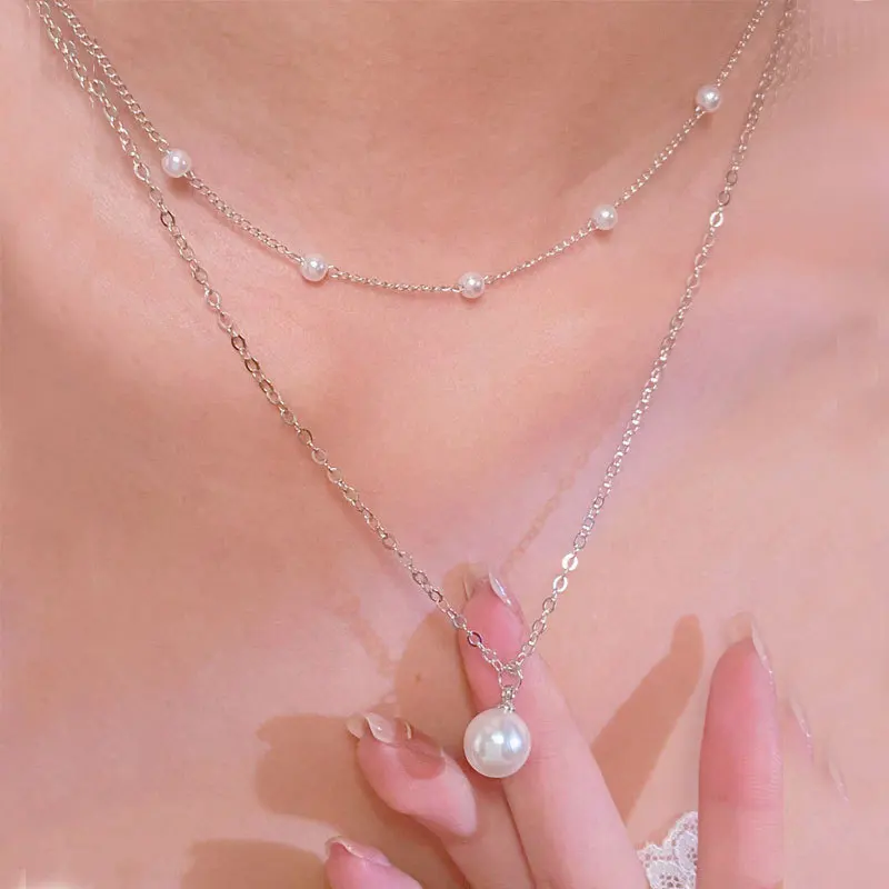 2024 Boho Double Layer Pearl Necklace 2pcs/set Multilayer Necklace Bead Chain Necklace for Women Girls