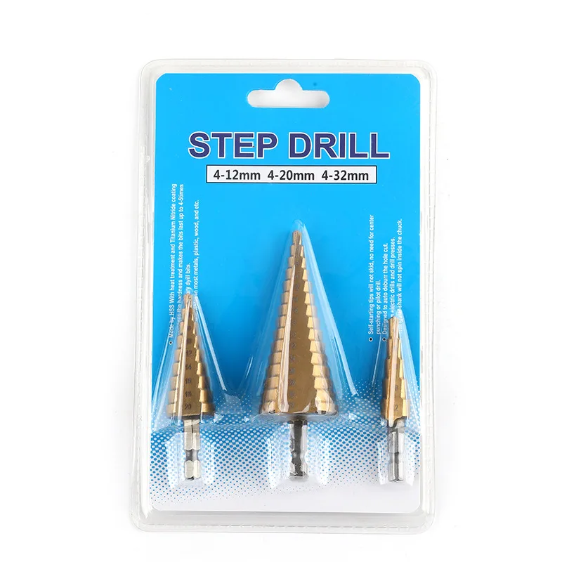 3pcs HSS Titanium Straight Groove Step Drill Bit High Speed Steel Metal Wood Hole Cutter Cone Drilling Tool Set