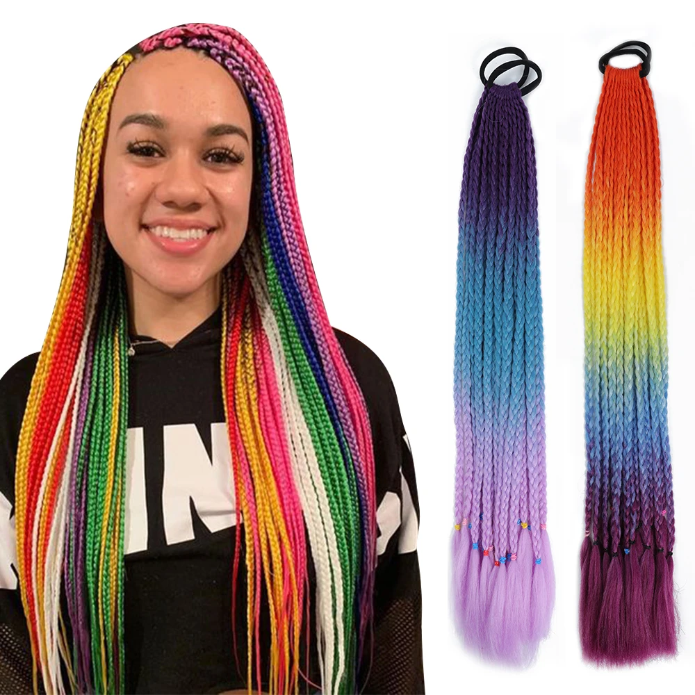Colorful Box Ponytail Hair Extensions False Overhead Tail with Rubber Elastic Band Braiding Rainbow Hairpiece Pigtail Synthetic