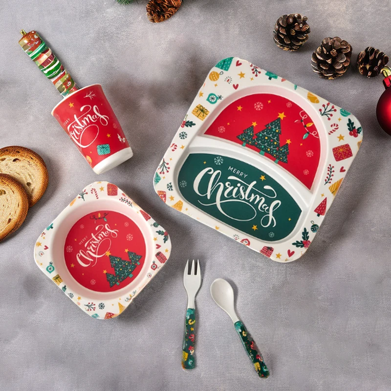5pcs/set Christmas Collection Bamboo Fiber Children Meal Tray Tableware Set Kids Dinnerware Sets With Plate Bowl Cup Fork Spoon
