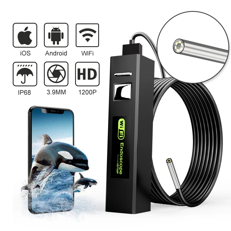 Hot sales  3.9mm  WIFI Endoscope Camera 1200P HD IP68 Waterproof Snake Camera  LED Borescope Camera For Android PC  Endoscope