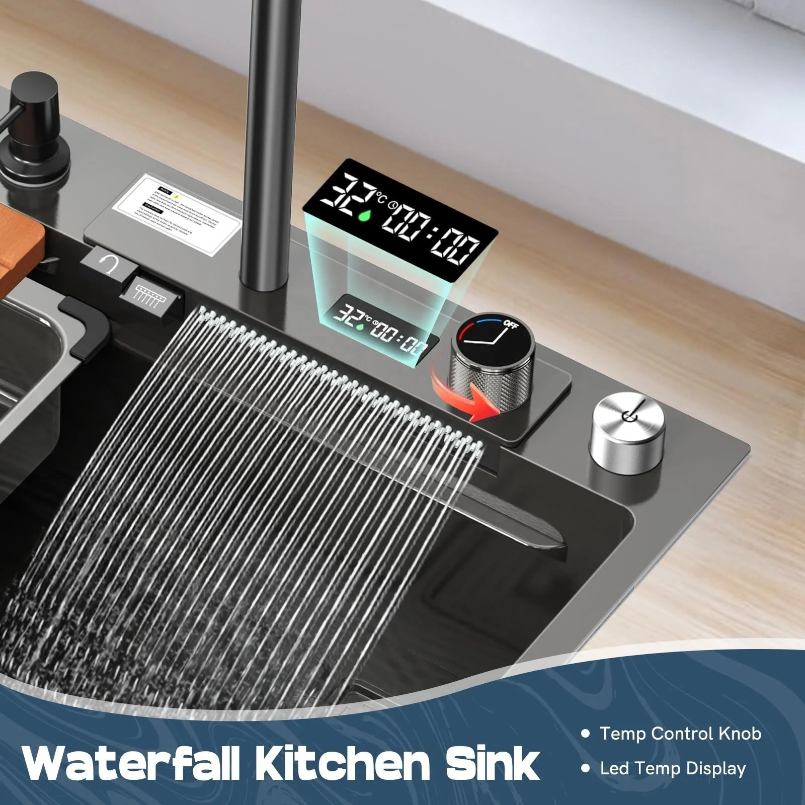 Voriva Modern smart kitchen sinks stainless steel Nano black Digital Display kitchen sink faucet single bowl kitchen sink set