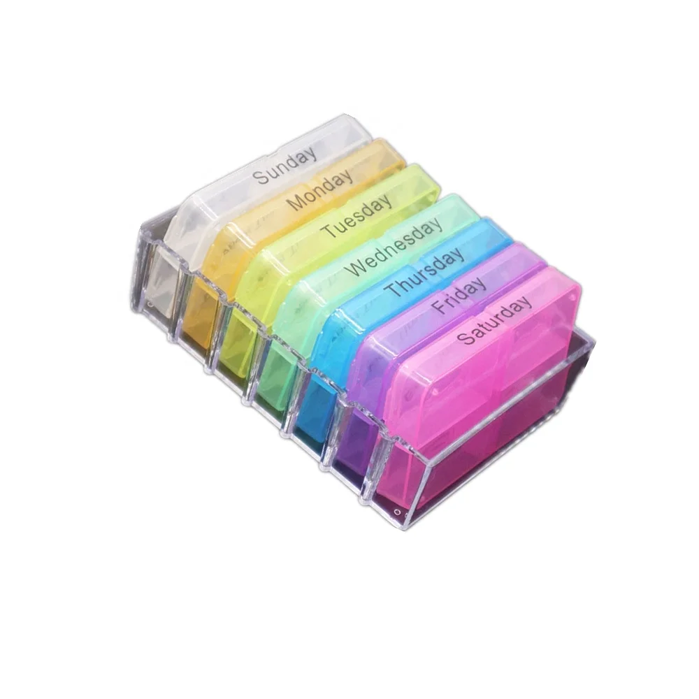 Custom Branded Plastic Rainbow Colorful Weekly Pill Box 4 Times a Day 7 Day Weekly Compact Prescription Vitamin Organizer