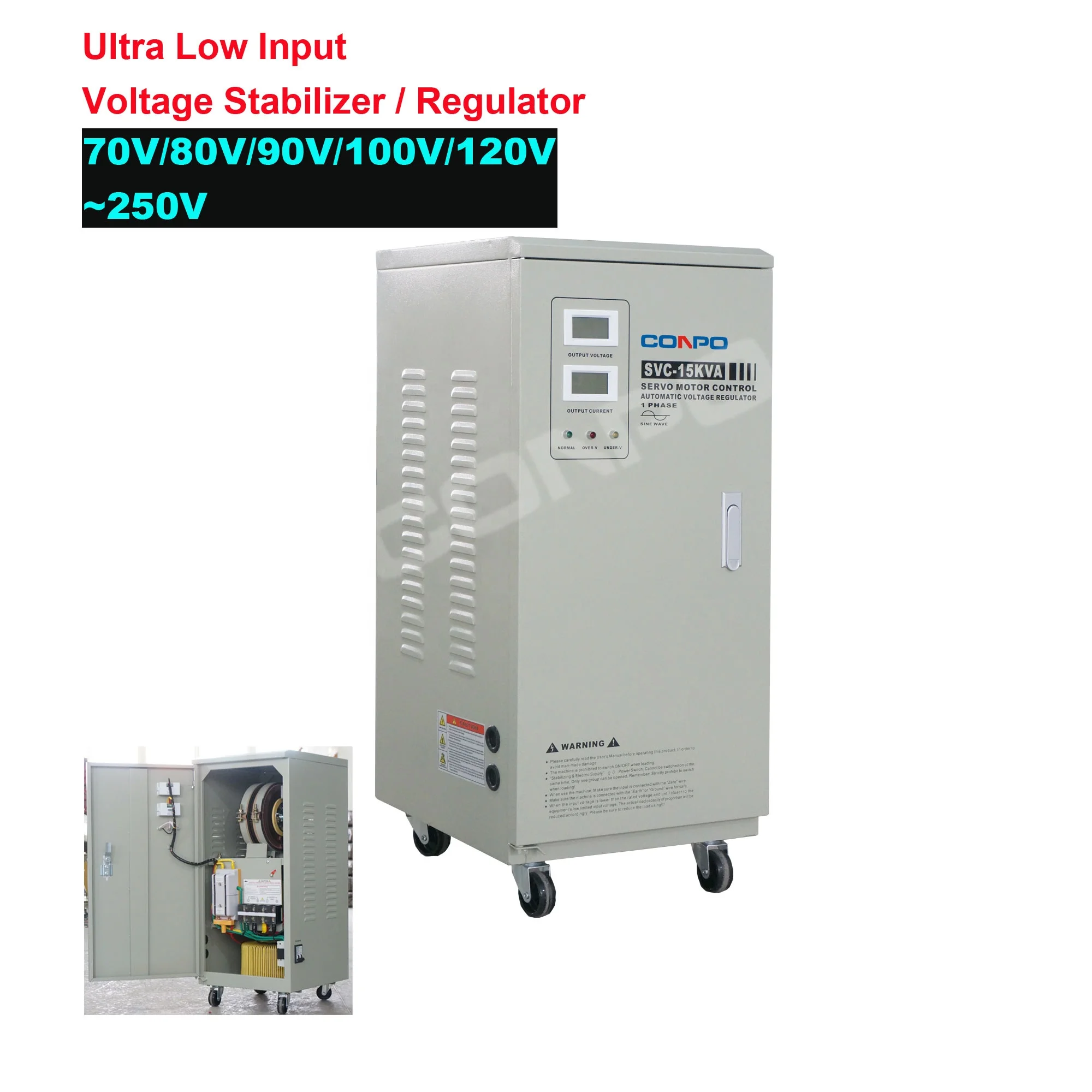 70V/80V/90V/100V/120V~250V Ultra Low Input Automatic Voltage Stabilizer / regulator SVC-30KVA, Estabilizador de voltaje