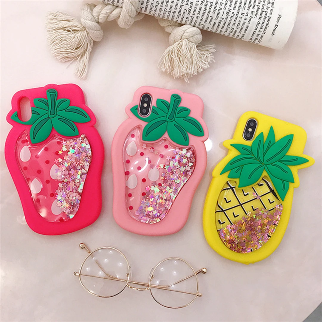 Hot Sale 3D Fruit Shining Dynamic Liquid Phone Case for iPhone 12 Cute Lanyard Quicksand Cover for iPhone 11 6s 7 8 XS MAX X XR