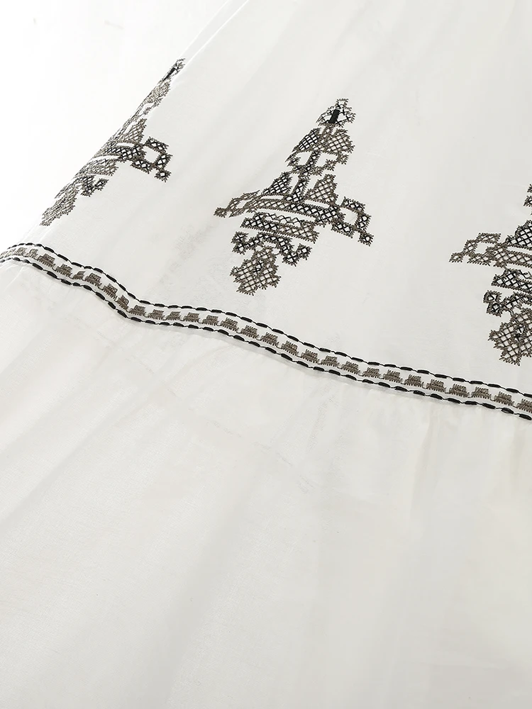 Floral embroidery white color drawstring waist casual fashion cotton long skirt for women