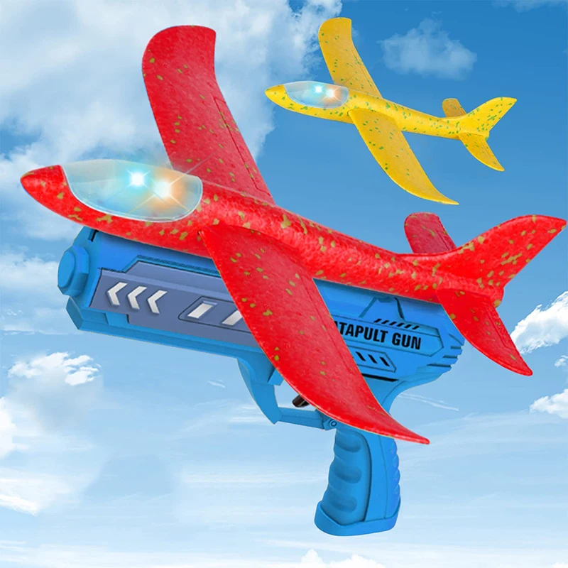 Children Foam Plane Launcher Toy Outdoor Boy Shooting Game LED Flying Aircraft Catapult Throwing Foam Plane Light Gun Toy