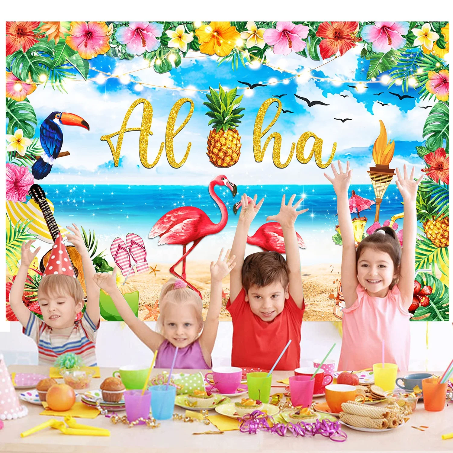 Hawaiian Luau Party Decoration Background Summer Flamingo Aloha Party Backdrop for Birthday Party