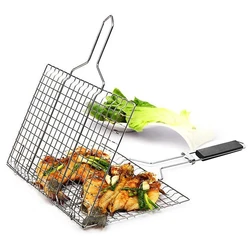 Amazon Hot Sale Portable 430 Stainless Steel Vegetable BBQ Grilling Basket with Removable Wooden Handle