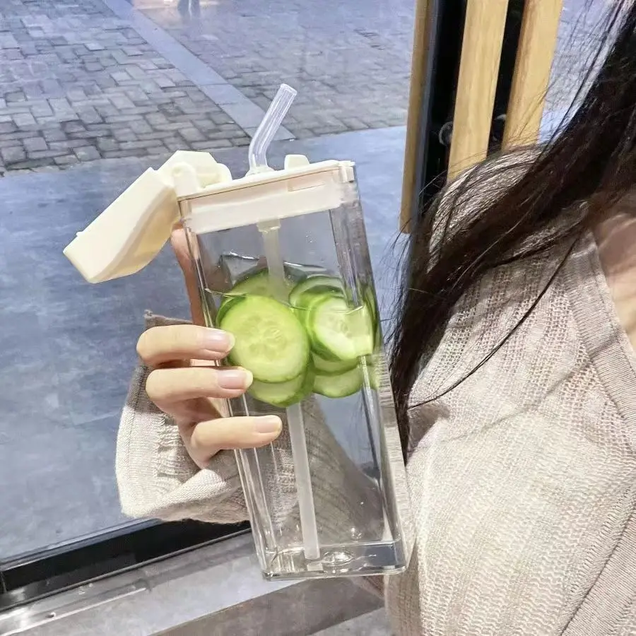 New Ins square custom logo 355ml clear leakproof juice drinking cup travel reusable plastic sport water bottles with straw