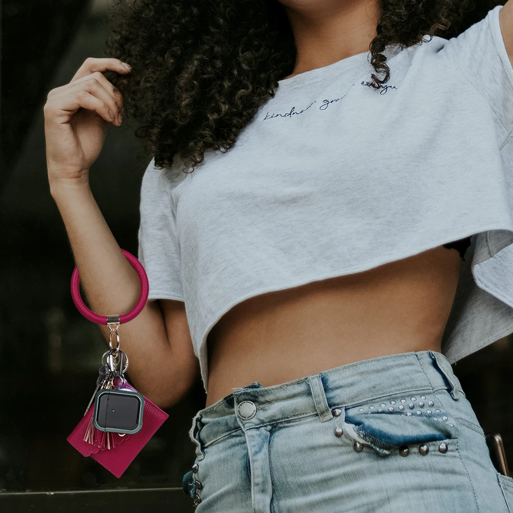 Hot Sale A mazon Leather Key Ring Keychain Wallet Wristlet Bracelet Custom round luxury leather wristlet keychain