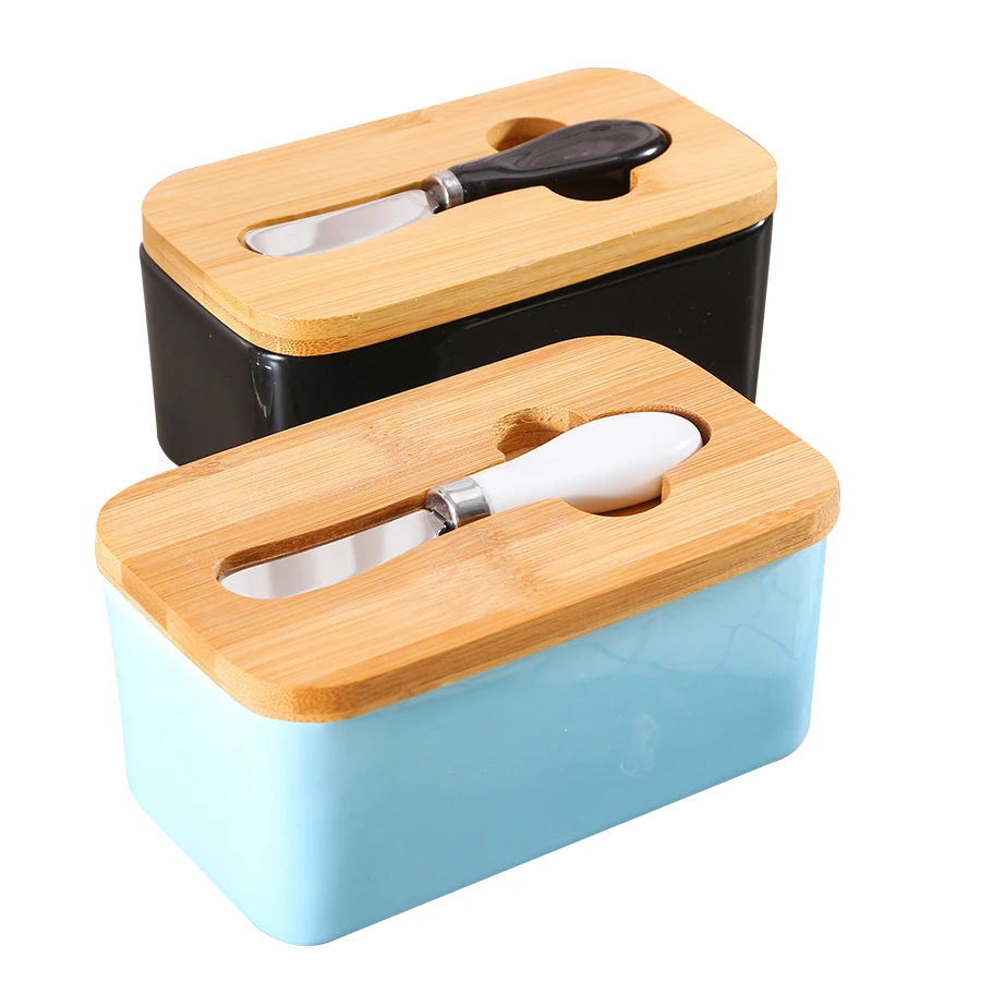 Большой прямоугольный контейнер для масла на заказ, контейнер для масла, керамическая тарелка для масла с деревянной крышкой и ножами