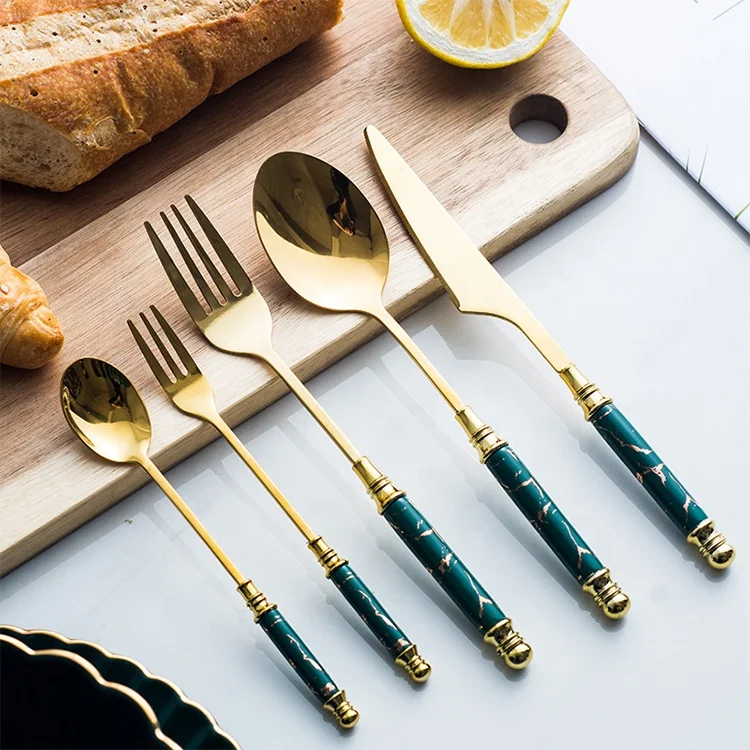 
Nordic Marble Ceramic Handle Flatware Stainless Steel Fork Spoon Portable Cutlery Dinnerware Sets 