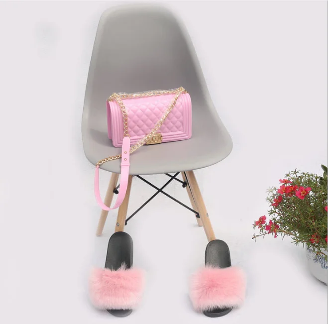 
Hot Sale Products Indoor Night Party Use Mini Jelly Purse Faux Fur Slides 