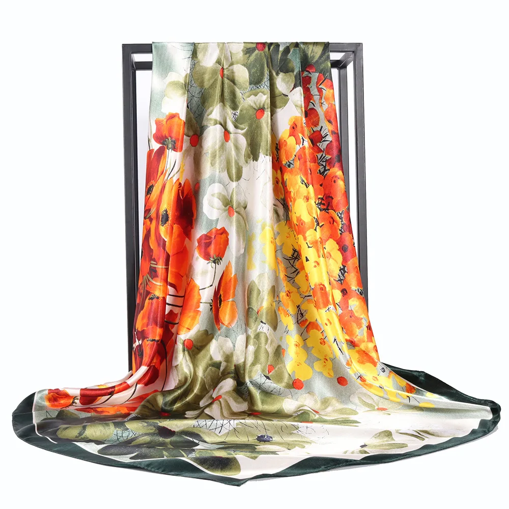 Professional Customized New 90cm Beautiful Peacock Screen Printing Long Silk Scarf for Women Plain Style For Spring Season Adult