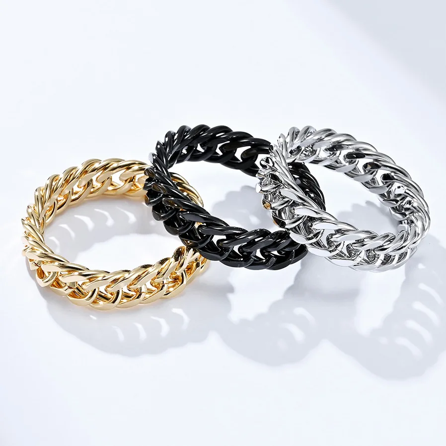 High quality 6mm stainless steel cuban chain link high polished 18K gold plated hip hop black ring